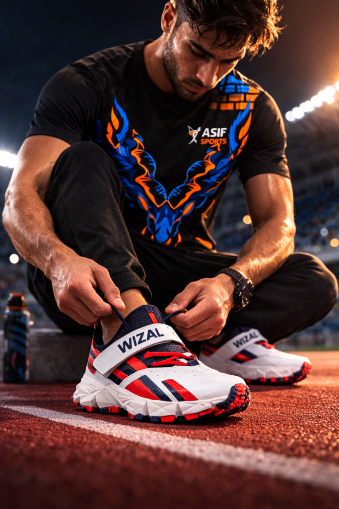 athlete training on running track wearing asif sports performance sportswear and running shoes