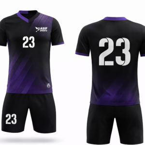 black purple custom football kit jersey and shorts set with number printing