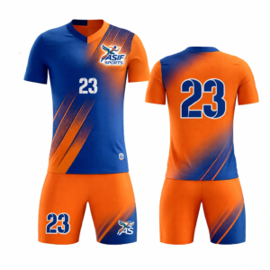 blue orange football kit jersey and shorts custom team uniform with number printing