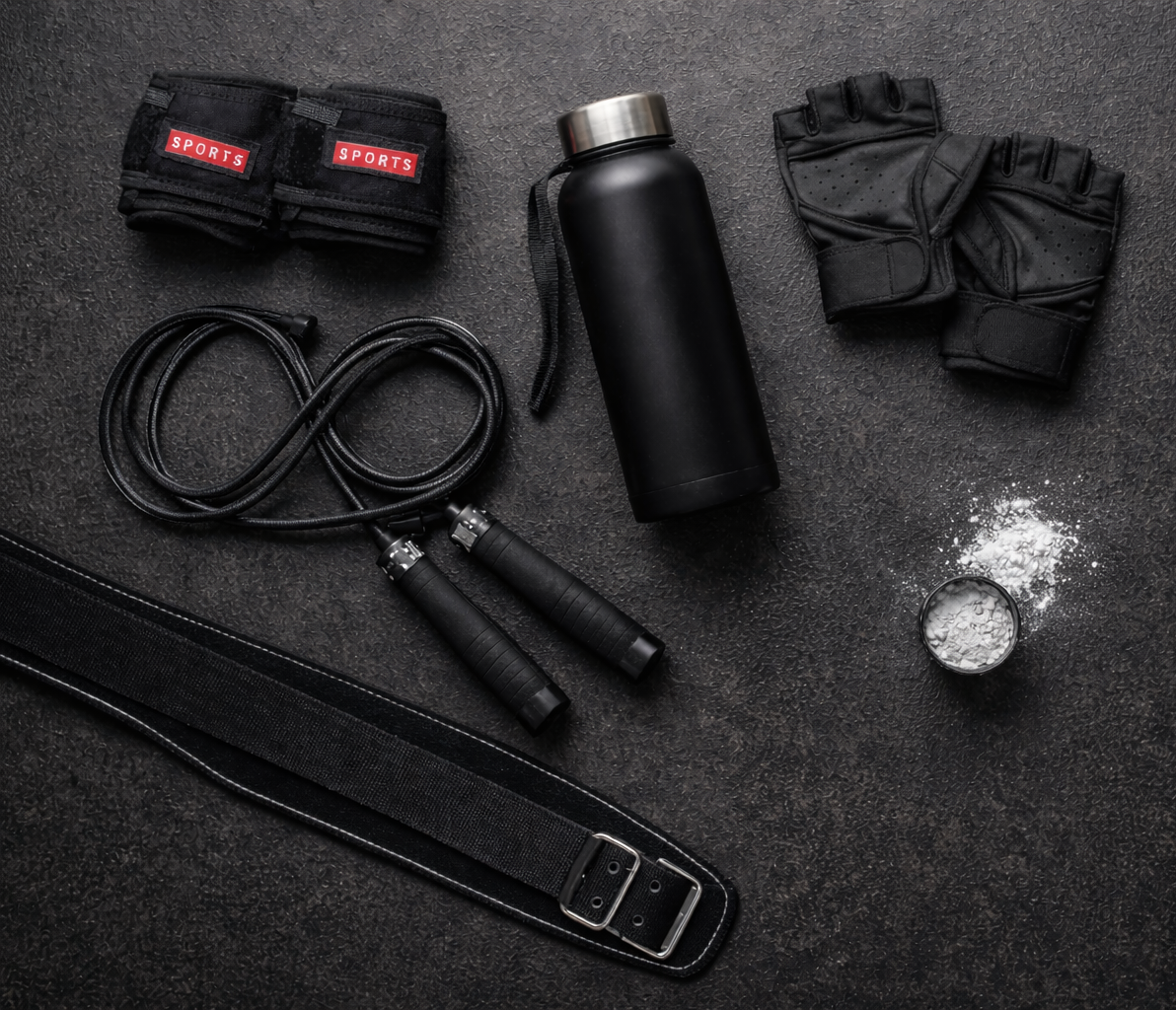 gym workout accessories including jump rope gloves belt and fitness equipment