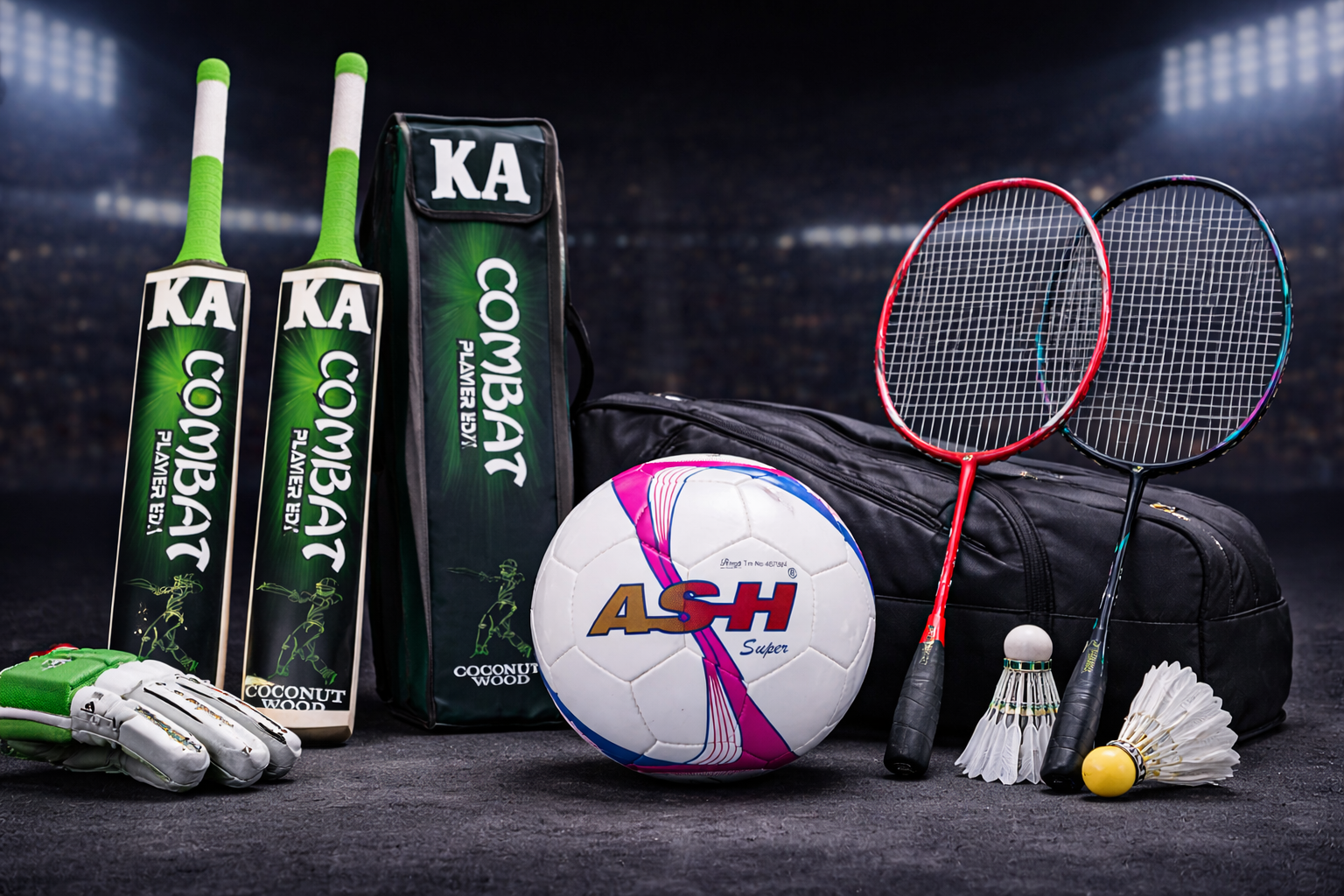 sports equipment including cricket bats football badminton rackets and training gear